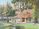 a painting of a house in the middle of a field