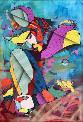 an image of a painting of a colorful bird on a blue background