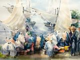 painting of a group of people standing around a boat on a body of water