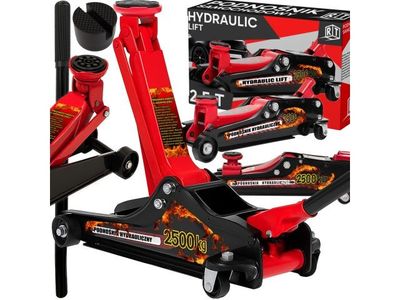 des chandelles hydrauliques rouges, avec une boîte à outils posée devant