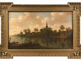 an oil painting of a river scene with a church in the distance