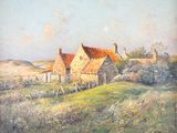 une image représentant un tableau d'une ferme avec une grange en arrière-plan