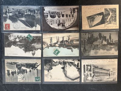 many old photographs of a train on display on the wall