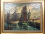 une peinture à l'huile représentant une scène de port avec des bateaux sur l'eau et un château en arrière-plan