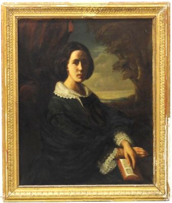 portrait d'une femme en robe noire tenant un livre
