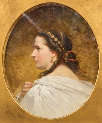 portrait of a young woman in a white dress with a red scarf