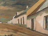 un tableau représentant une rue bordée de maisons de part et d'autre