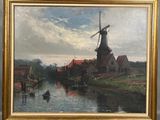 une peinture à l'huile représentant un moulin à vent au bord d'une rivière, avec un bateau au premier plan