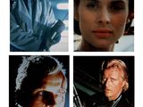 four different pictures of a man with a gun and a woman with a gun