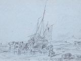 drawing of a boat in the water with people standing around it