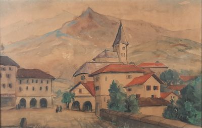 painting of a village with a church and a mountain in the background