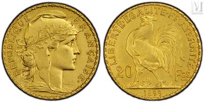 a gold coin with a woman ' s head and a rooster on it