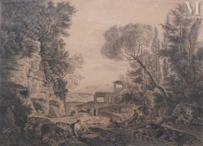 an old painting of a landscape with sheep in the foreground and a house in the background