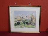 a picture of a painting hanging on a red wall
