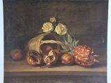 a painting of a basket of pomegranates and flowers on a table