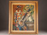 an oil painting of a man playing a guitar in front of a vase of flowers