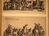 two pages of a book with drawings of people on horseback