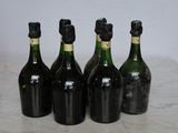 bottles of wine are lined up on a marble counter top