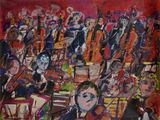 un tableau représentant un groupe de personnes au sein d'un orchestre