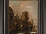 an oil painting of a village scene with a horse drawn carriage