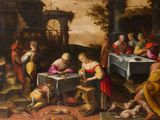 tableau représentant un groupe de personnes assises autour d'une table sur laquelle se trouvent des plats