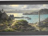 painting of a view of a harbor with boats and a lighthouse in the distance