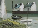 a painting of a boat in the water with other boats in the background