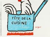 affiche représentant un poulet assis dans une casserole dans laquelle se trouve une cuillère
