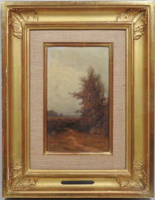 un tableau représentant un paysage avec un arbre au premier plan
