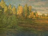 une peinture à l'huile d'un champ avec des arbres en arrière-plan