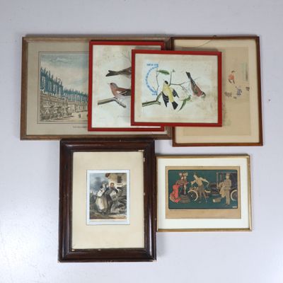 Lot de six pièces encadrées comprenant cinq gravures et une …