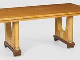 a wooden table with two legs and a wooden table top