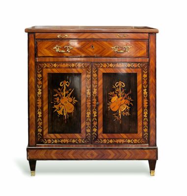 an image of a wooden cabinet with two doors and flowers on it