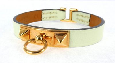 leather dog collar with studs and brass hardware in mint green and gold