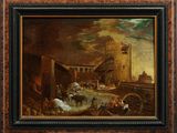 an oil painting on canvas of a street scene with horses and carriages