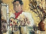 a painting of a man that is sitting at a table
