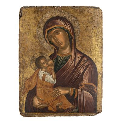 une peinture représentant une femme tenant un bébé dans ses bras