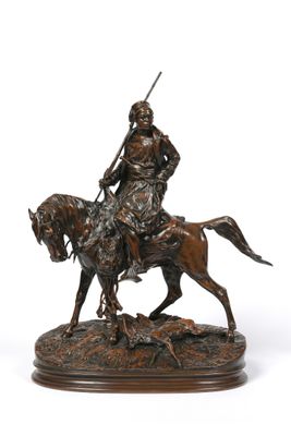 statue of a man riding a horse with a spear on his head
