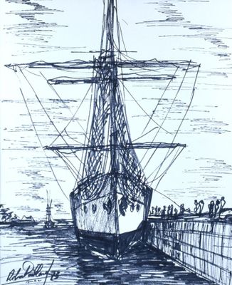 dessin représentant un bateau amarré à un quai, avec des personnes debout sur le quai