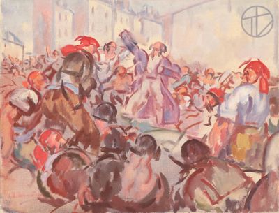 a painting of a group of people riding horses