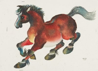 un tableau représentant un cheval au galop dans la neige