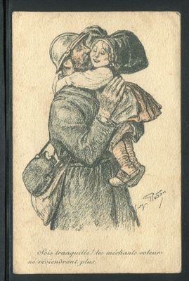 an old drawing of a woman holding a child in her arms