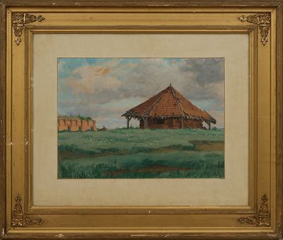 une peinture à l'huile représentant une cabane dans un champ, avec le ciel en arrière-plan