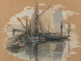 une peinture représentant un bateau sur l'eau, avec d'autres bateaux dans l'eau