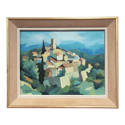 an oil painting of a small village on a hill
