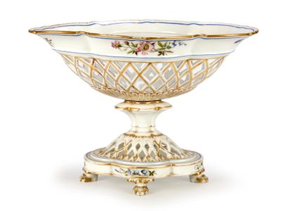 a white and gold bowl on a stand on a white background