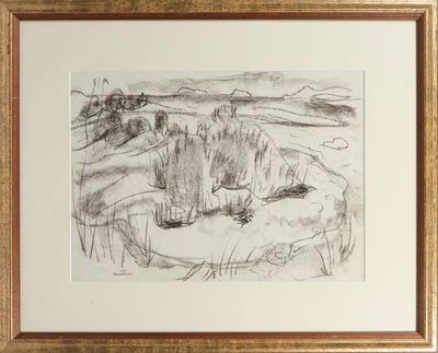 drawing of a landscape with a boat in the water and a house in the distance