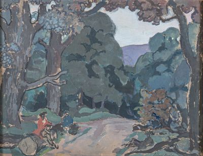 un tableau représentant un homme qui descend un chemin à vélo