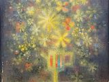 une peinture à l'huile représentant un vase avec des fleurs sur une table