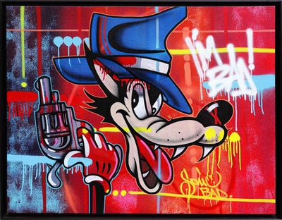 painting of a dog with a hat and a gun in front of a red wall